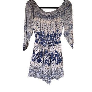Anthropologie Clemente Romper Off Shoulder Belted Jumpsuit Blue & White Size XS